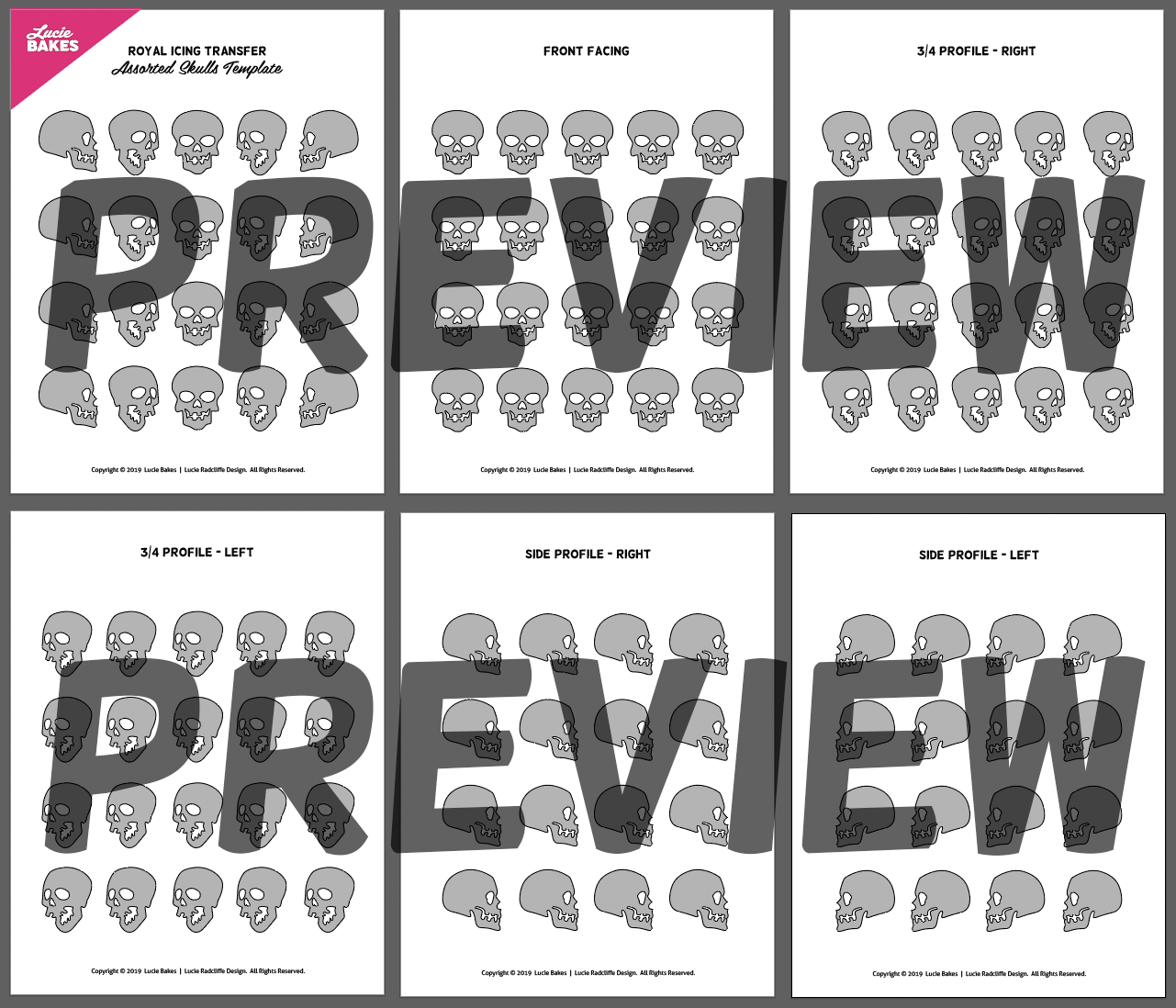Assorted Skulls - Royal Icing Transfer Template