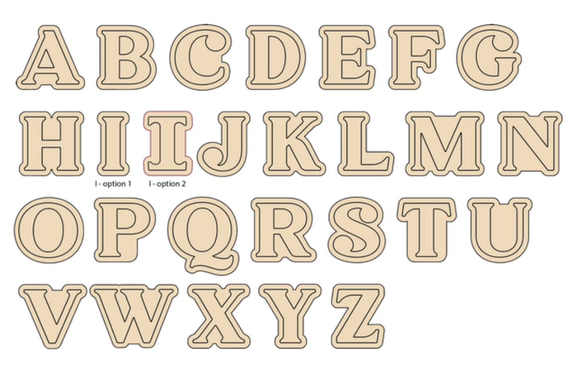 Alphabet (Uppercase, Includes 2 Cutters + Dough Pusher per Letter)-- STL FILES